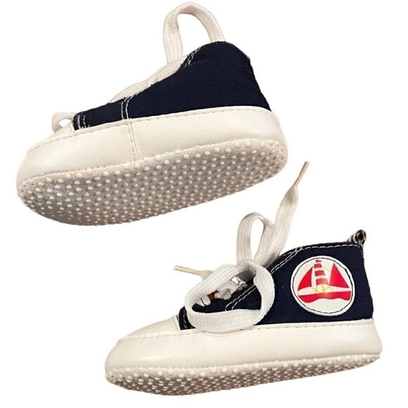 Navy Blue/White & Gingham Baby Boy Crib Shoes - Red Boat Picture on sides - 3-9M - Picture 2 of 5